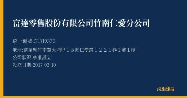 富達零售股份有限公司竹南仁愛分公司的照片-統編 51319330(苗栗縣) 公司登記資料與營業項目詳細圖表