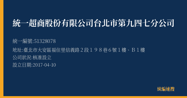 統一超商股份有限公司台北市第九四七分公司的照片-統編 51328078(臺北市) 公司登記資料與營業項目詳細圖表