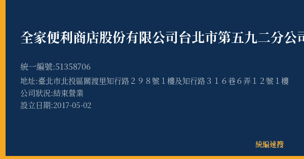 全家便利商店股份有限公司台北市第五九二分公司的照片-統編 51358706(臺北市) 公司登記資料與營業項目詳細圖表