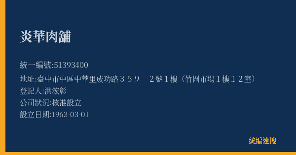 炎華肉舖的照片-統編 51393400(臺中市) 公司登記資料與營業項目詳細圖表