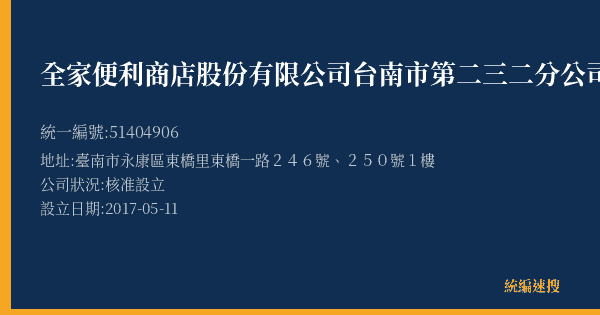 全家便利商店股份有限公司台南市第二三二分公司的照片-統編 51404906(臺南市) 公司登記資料與營業項目詳細圖表
