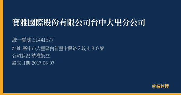 寶雅國際股份有限公司台中大里分公司的照片-統編 51441677(臺中市) 公司登記資料與營業項目詳細圖表