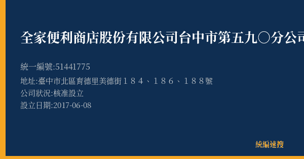 全家便利商店股份有限公司台中市第五九○分公司的照片-統編 51441775(臺中市) 公司登記資料與營業項目詳細圖表