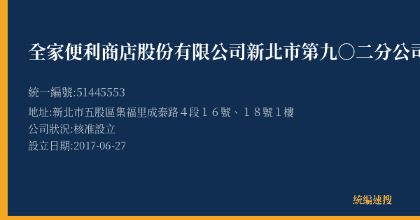 全家便利商店股份有限公司新北市第九○二分公司的照片-統編 51445553(新北市) 公司登記資料與營業項目詳細圖表
