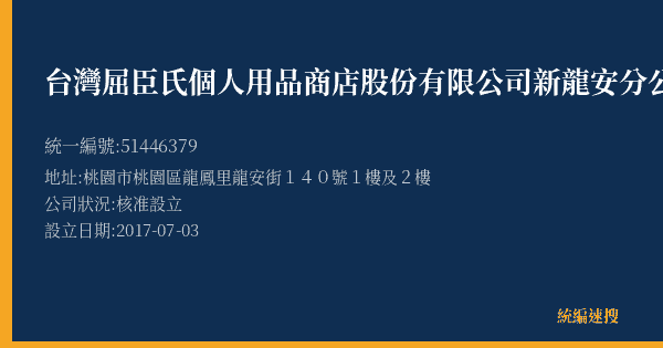 台灣屈臣氏個人用品商店股份有限公司新龍安分公司的照片-統編 51446379(桃園市) 公司登記資料與營業項目詳細圖表