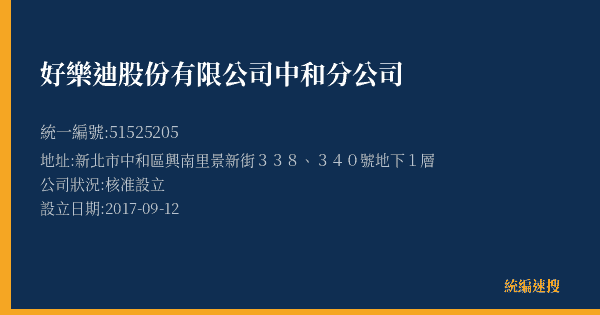 好樂迪股份有限公司中和分公司的照片-統編 51525205(新北市) 公司登記資料與營業項目詳細圖表