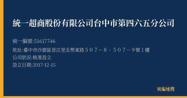 統一超商股份有限公司台中市第四六五分公司的照片-統編 51617746(臺中市) 公司登記資料與營業項目詳細圖表