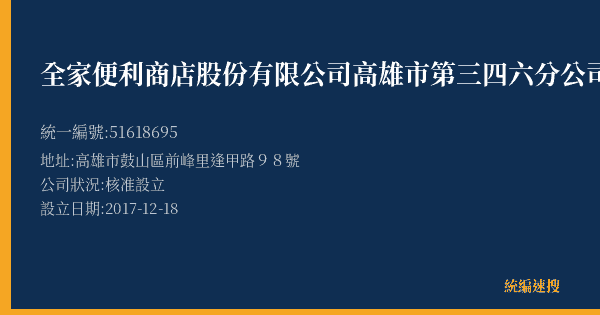 全家便利商店股份有限公司高雄市第三四六分公司的照片-統編 51618695(高雄市) 公司登記資料與營業項目詳細圖表