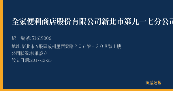 全家便利商店股份有限公司新北市第九一七分公司的照片-統編 51619006(新北市) 公司登記資料與營業項目詳細圖表