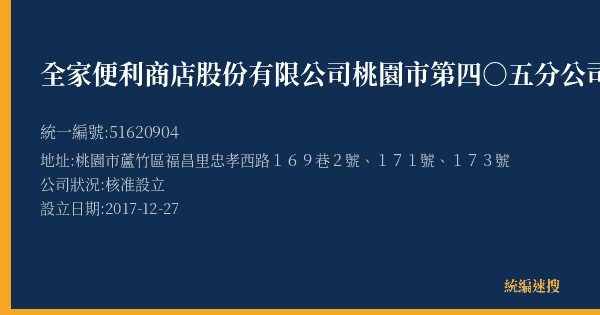 全家便利商店股份有限公司桃園市第四○五分公司的照片-統編 51620904(桃園市) 公司登記資料與營業項目詳細圖表