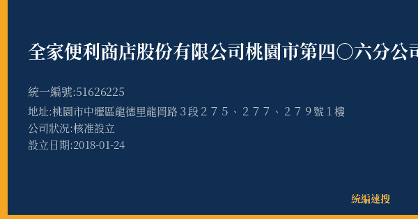 全家便利商店股份有限公司桃園市第四○六分公司的照片-統編 51626225(桃園市) 公司登記資料與營業項目詳細圖表