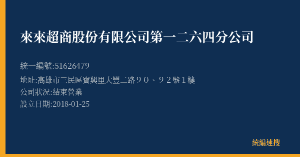 來來超商股份有限公司第一二六四分公司的照片-統編 51626479(高雄市) 公司登記資料與營業項目詳細圖表
