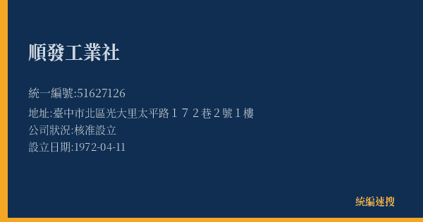 順發工業社的照片-統編 51627126(臺中市) 公司登記資料與營業項目詳細圖表