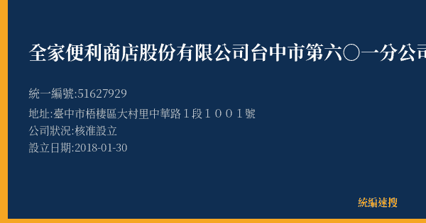 全家便利商店股份有限公司台中市第六○一分公司的照片-統編 51627929(臺中市) 公司登記資料與營業項目詳細圖表