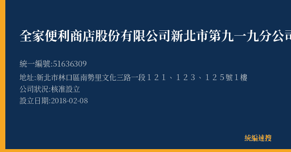 全家便利商店股份有限公司新北市第九一九分公司的照片-統編 51636309(新北市) 公司登記資料與營業項目詳細圖表