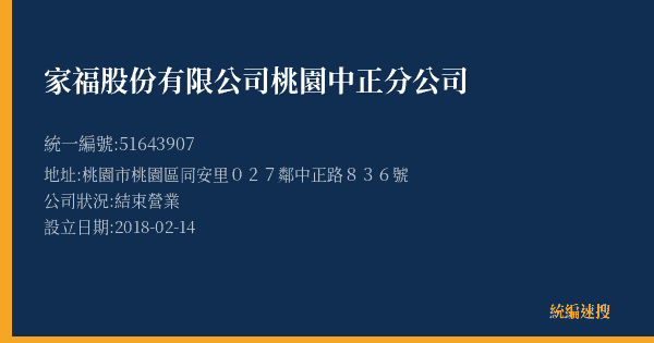 家福股份有限公司桃園中正分公司的照片-統編 51643907(桃園市) 公司登記資料與營業項目詳細圖表