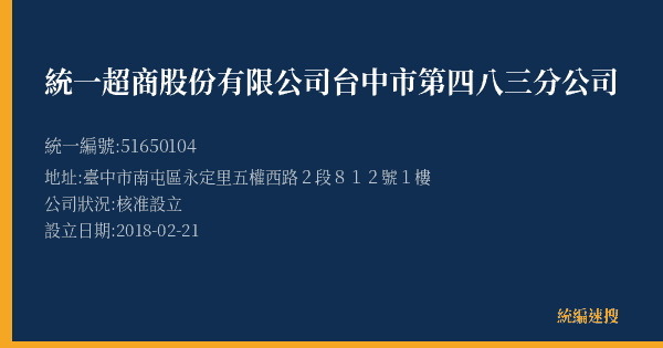 統一超商股份有限公司台中市第四八三分公司的照片-統編 51650104(臺中市) 公司登記資料與營業項目詳細圖表