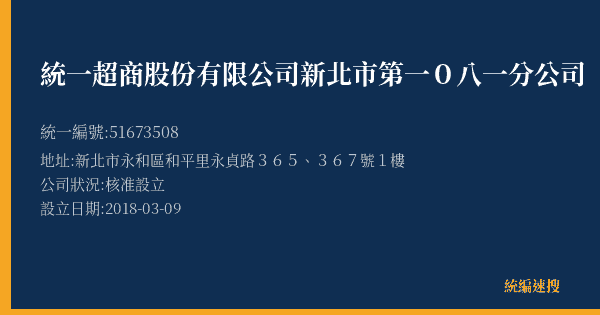 統一超商股份有限公司新北市第一0八一分公司的照片-統編 51673508(新北市) 公司登記資料與營業項目詳細圖表