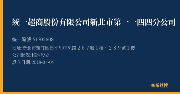 統一超商股份有限公司新北市第一一四四分公司的照片-統編 51705608(新北市) 公司登記資料與營業項目詳細圖表
