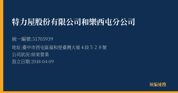 特力屋股份有限公司和樂西屯分公司的照片-統編 51705939(臺中市) 公司登記資料與營業項目詳細圖表
