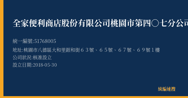 全家便利商店股份有限公司桃園市第四○七分公司的照片-統編 51768005(桃園市) 公司登記資料與營業項目詳細圖表