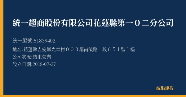 統一超商股份有限公司花蓮縣第一0二分公司的照片-統編 51839402(花蓮縣) 公司登記資料與營業項目詳細圖表