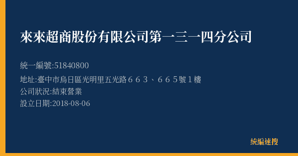 來來超商股份有限公司第一三一四分公司的照片-統編 51840800(臺中市) 公司登記資料與營業項目詳細圖表