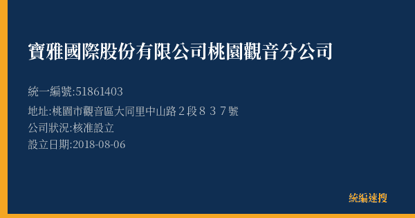 寶雅國際股份有限公司桃園觀音分公司的照片-統編 51861403(桃園市) 公司登記資料與營業項目詳細圖表