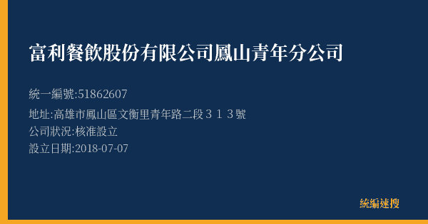 富利餐飲股份有限公司鳳山青年分公司的照片-統編 51862607(高雄市) 公司登記資料與營業項目詳細圖表