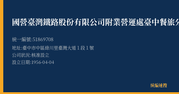 國營臺灣鐵路股份有限公司附業營運處臺中餐旅分處的照片-統編 51869708(臺中市) 公司登記資料與營業項目詳細圖表