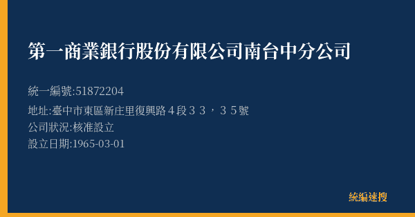 第一商業銀行股份有限公司南台中分公司的照片-統編 51872204(臺中市) 公司登記資料與營業項目詳細圖表