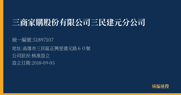 三商家購股份有限公司三民建元分公司的照片-統編 51897107(高雄市) 公司登記資料與營業項目詳細圖表