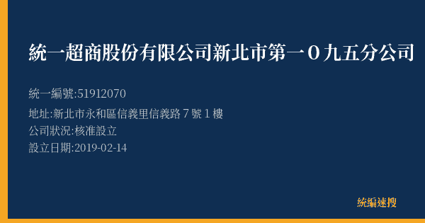 統一超商股份有限公司新北市第一0九五分公司的照片-統編 51912070(新北市) 公司登記資料與營業項目詳細圖表