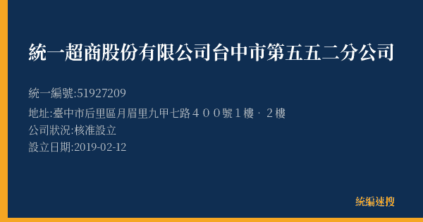 統一超商股份有限公司台中市第五五二分公司的照片-統編 51927209(臺中市) 公司登記資料與營業項目詳細圖表