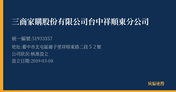 三商家購股份有限公司台中祥順東分公司的照片-統編 51933357(臺中市) 公司登記資料與營業項目詳細圖表