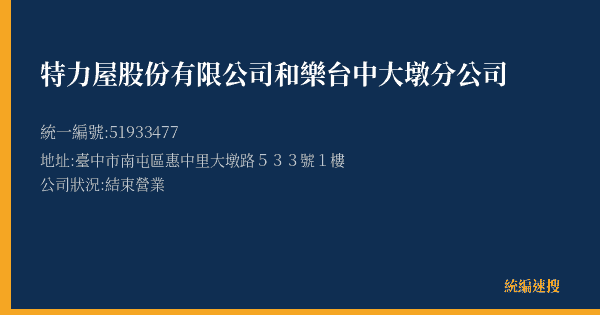 特力屋股份有限公司和樂台中大墩分公司的照片-統編 51933477(臺中市) 公司登記資料與營業項目詳細圖表
