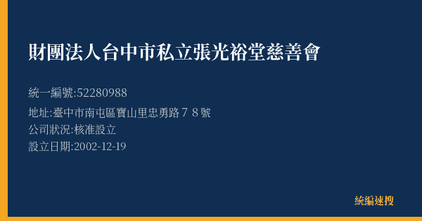財團法人台中市私立張光裕堂慈善會的照片-統編 52280988(臺中市) 公司登記資料與營業項目詳細圖表