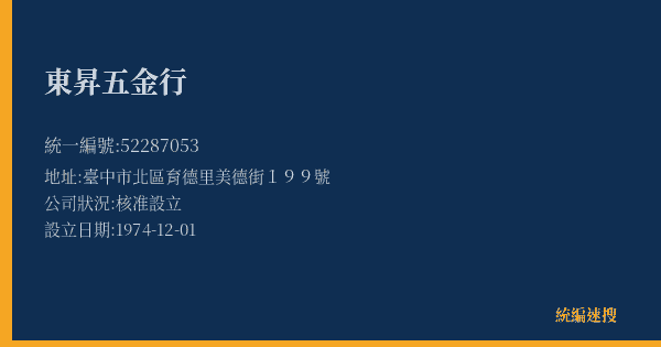東昇五金行的照片-統編 52287053(臺中市) 公司登記資料與營業項目詳細圖表
