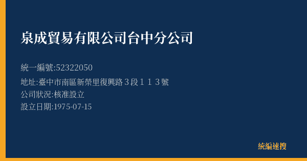 泉成貿易有限公司台中分公司的照片-統編 52322050(臺中市) 公司登記資料與營業項目詳細圖表