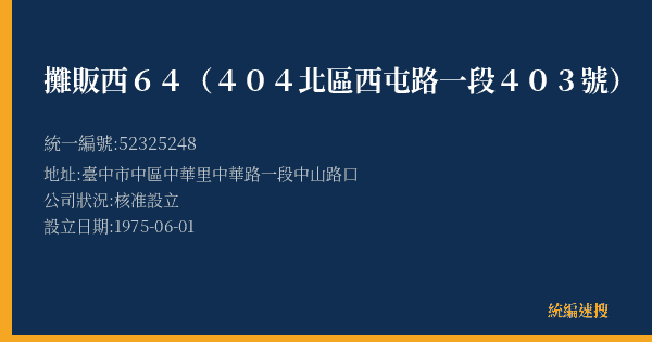 攤販西64(404北區西屯路一段403號)的照片-統編 52325248(臺中市) 公司登記資料與營業項目詳細圖表