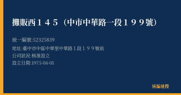 攤販西145(中市中華路一段199號)的照片-統編 52325839(臺中市) 公司登記資料與營業項目詳細圖表