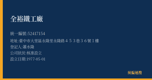 全裕鐵工廠的照片-統編 52417154(臺中市) 公司登記資料與營業項目詳細圖表