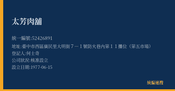 太芳肉舖的照片-統編 52426891(臺中市) 公司登記資料與營業項目詳細圖表