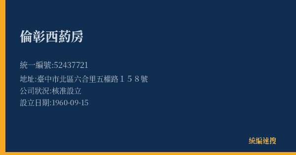 倫彰西葯房的照片-統編 52437721(臺中市) 公司登記資料與營業項目詳細圖表