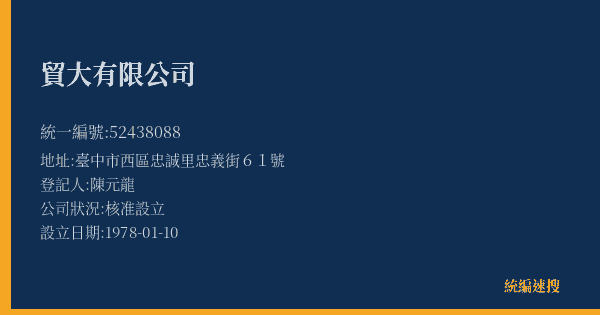 貿大有限公司的照片-統編 52438088(臺中市) 公司登記資料與營業項目詳細圖表