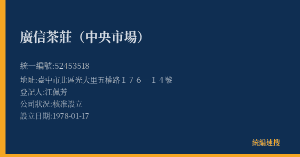廣信茶莊(中央市場)的照片-統編 52453518(臺中市) 公司登記資料與營業項目詳細圖表