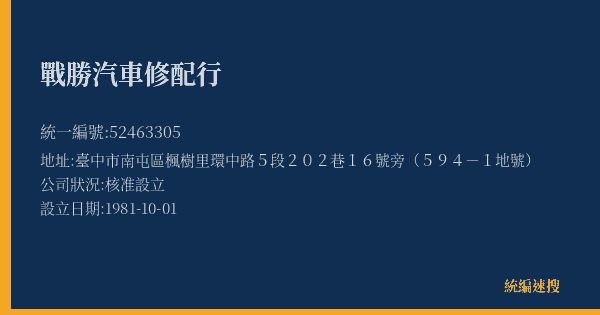 戰勝汽車修配行的照片-統編 52463305(臺中市) 公司登記資料與營業項目詳細圖表