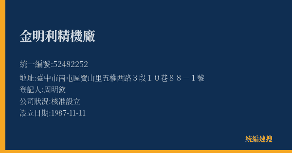 金明利精機廠的照片-統編 52482252(臺中市) 公司登記資料與營業項目詳細圖表