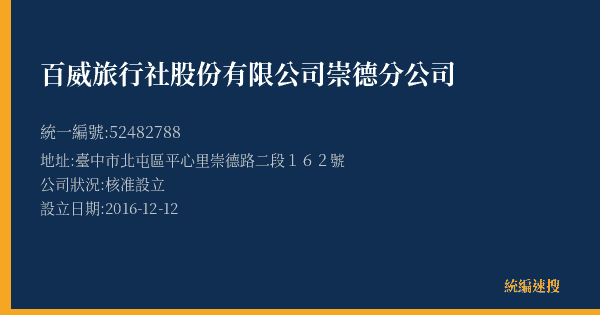 百威旅行社股份有限公司崇德分公司的照片-統編 52482788(臺中市) 公司登記資料與營業項目詳細圖表