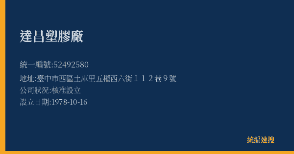 達昌塑膠廠的照片-統編 52492580(臺中市) 公司登記資料與營業項目詳細圖表